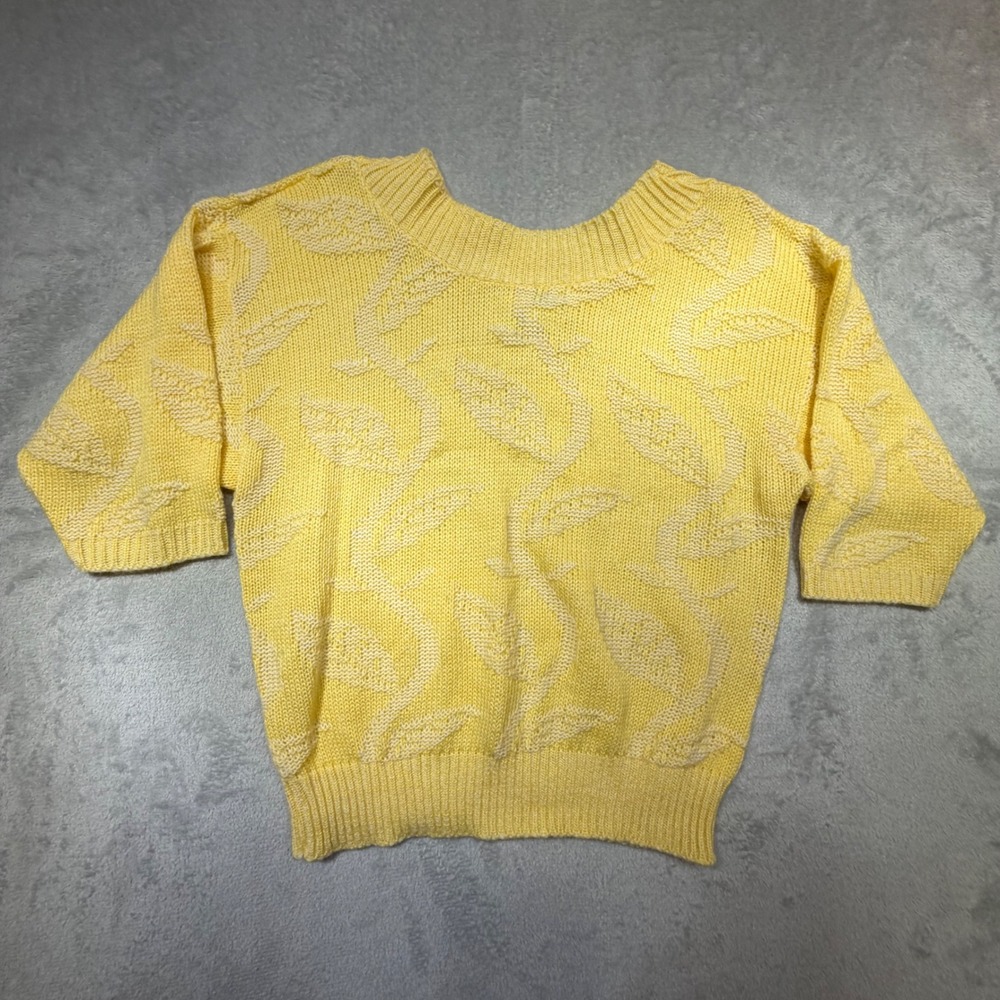 Vintage 80s Blair Yellow Leaf Knit Short Sleeve Sweater Size 12 Retro USA Made